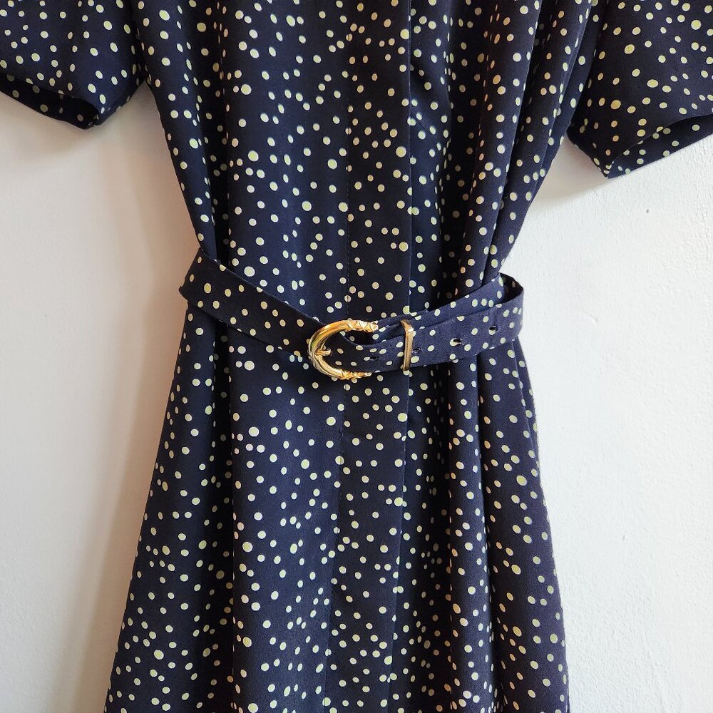 Vintage Navy Polka Dot Midi Dress Made in Canada - Sz 14 - Picture 2 of 11